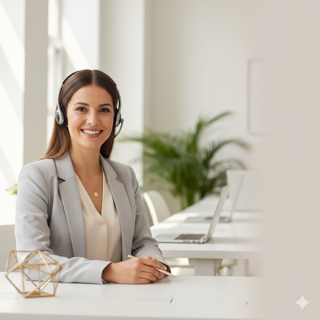 Smiling female customer support executive wearing a headset in a modern office environment.”
