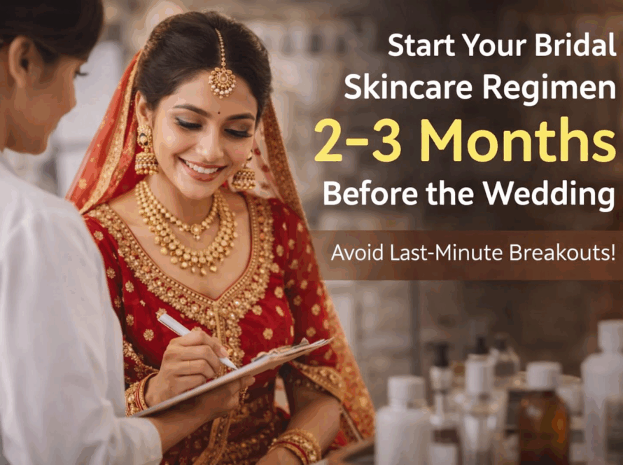Kerala bride in traditional red bridal attire consulting a skincare specialist about starting a bridal skincare regimen 2–3 months before the wedding.