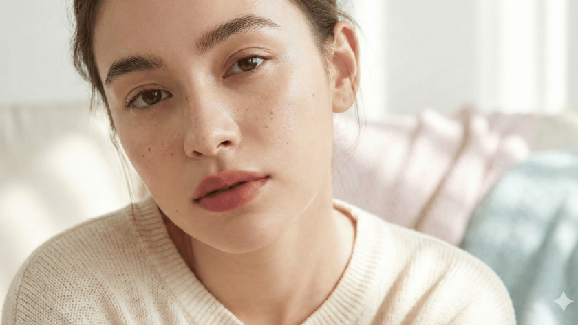 Blurred natural makeup look with soft lips, natural brows, and glowing skin, showcasing the no-makeup makeup beauty trend