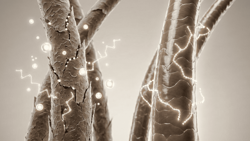 Illustration showing damaged hair strands being repaired with protein treatment, highlighting stronger, smoother, healthier hair structure