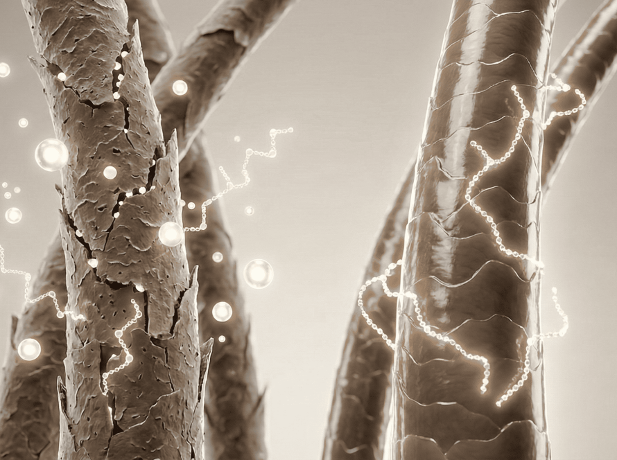 Illustration showing damaged hair strands being repaired with protein treatment, highlighting stronger, smoother, healthier hair structure