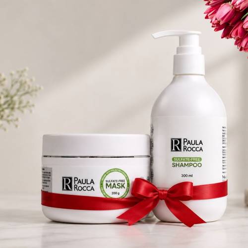 Paula Rocca Sulfate-Free Hair Care Combo featuring Sulfate-Free Shampoo 300ml and Sulfate-Free Hair Mask, designed to gently cleanse, nourish, hydrate, and smooth dry, frizzy, colored, and chemically treated hair while maintaining natural moisture and shine.